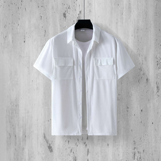 Fashion Ribbed Textured Corduroy Cargo Shirt Men Summer New Casual Solid Color Buttoned Shirts Mens Leisure Short Sleeve Shirts