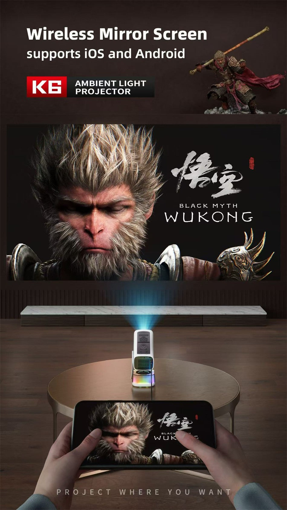 Novo Projetor Inteligente K6 Yuntai Portátil 1080P4K Projetor de Home Theater e Escritório com Bluetooth Sem Fio e Função K Song