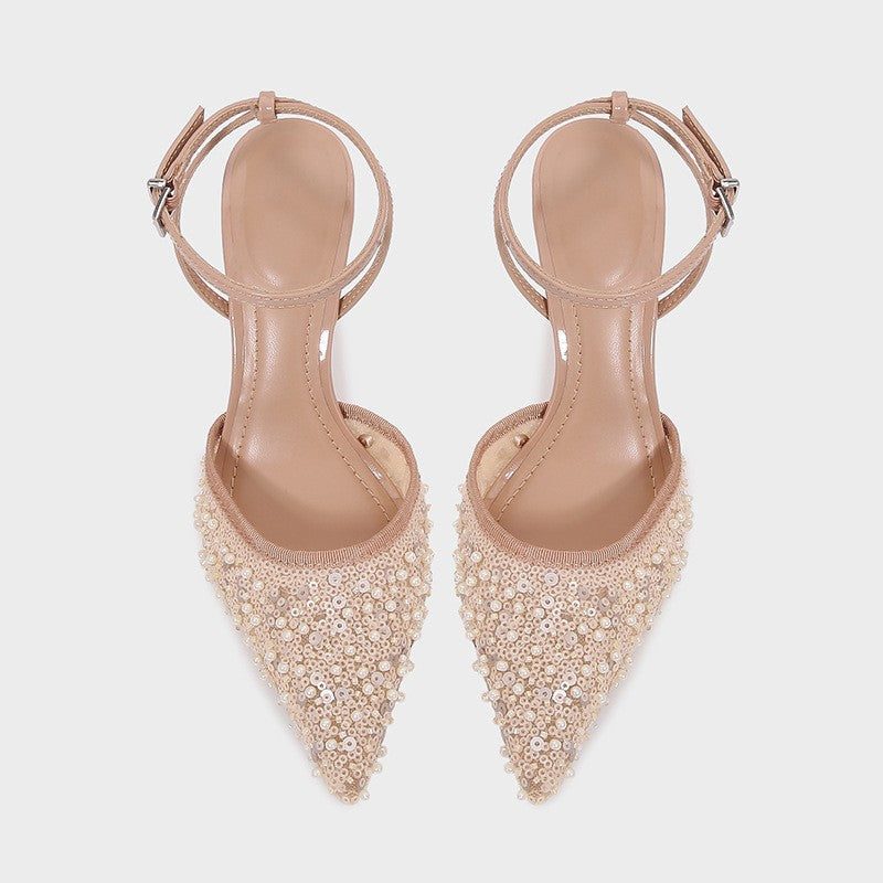 Luxury Bling String Bead Mesh Designer Pumps Women Sexy Pointed Toe Ankle Strap High Heels Elegant Party Wedding Heeled Sandals