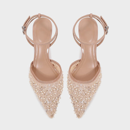 Luxury Bling String Bead Mesh Designer Pumps Women Sexy Pointed Toe Ankle Strap High Heels Elegant Party Wedding Heeled Sandals