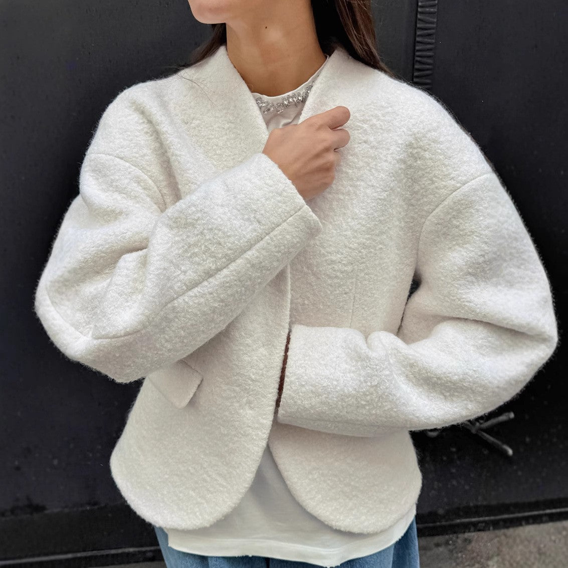 Leisure Solid Color Woolen Short Jacket Women Chic Collar Single Breasted Loose Outerwear Autumn New Daily Commuting Office Coat