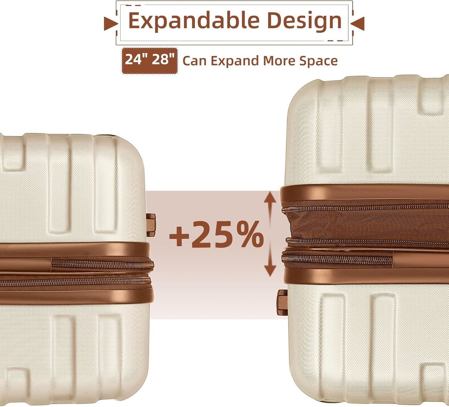 Conjuntos de Malas 6 Peças com Bolsas de Viagem, Malas Rígidas Expansíveis com Rodas Giratórias e Fechadura TSA, Grande Capacidade Creme