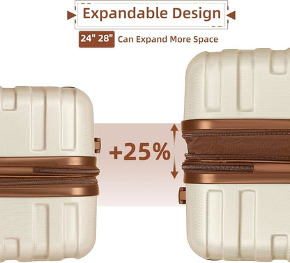 Conjuntos de Malas 6 Peças com Bolsas de Viagem, Malas Rígidas Expansíveis com Rodas Giratórias e Fechadura TSA, Grande Capacidade Creme
