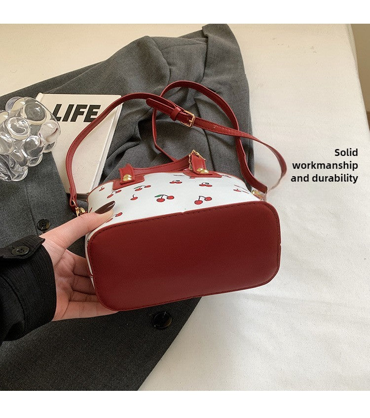 Women PU Cherry Shoulder Bag Large Capacity Trendy Commuting Bag with Cherry Pendant Stylish Crossbody Bag Aesthetic Handbag