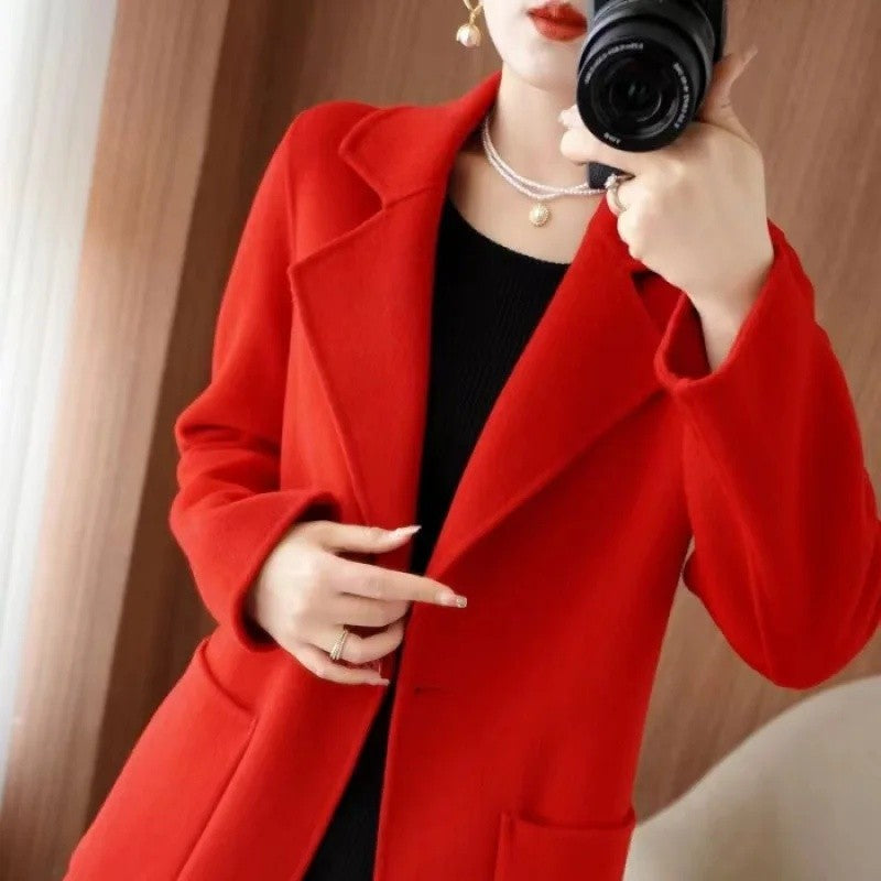 Ladies' Fashionable Woolen Coat Autumn Winter High End Medium Length Leisure Style Woolen Outerwear Pure Color Full Sleeve