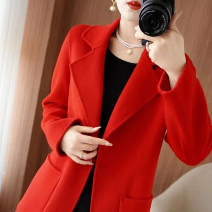 Ladies' Fashionable Woolen Coat Autumn Winter High End Medium Length Leisure Style Woolen Outerwear Pure Color Full Sleeve