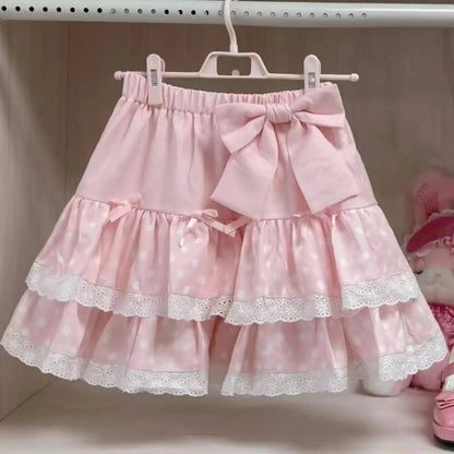 Y2K JK Lolita Japan Kawaii Girl Cute Sweet Lace T-shirt Lolita Print Tops Bow Cake Blouse  A-line Spliced Cake Skirt New Chic