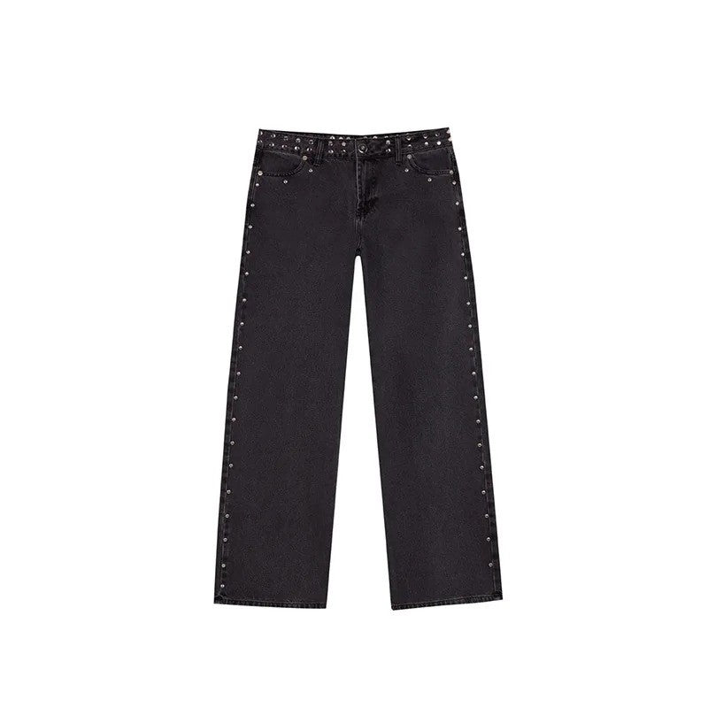 Women Y2K Vintage Jeans Patchwork Leopard Star Pattern Metal Rivet Jeans Female Baggy Casual Straight Leg Pants Women Clothing