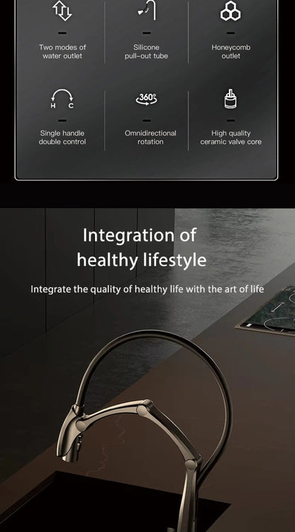 Luxury Gunmetal Brass Kitchen Faucet with LED Display,Sensor&Pull-Out 3-Function Spray,Touchless High Pressure Water-Saving Tap