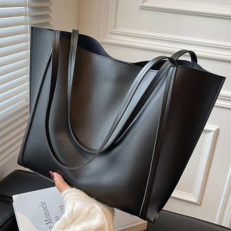Women's Large Capacity Lightweight Tote Bag Elegant Black Synthetic Shoulder Bag, Spacious Work Travel Handbag for Everyday Use