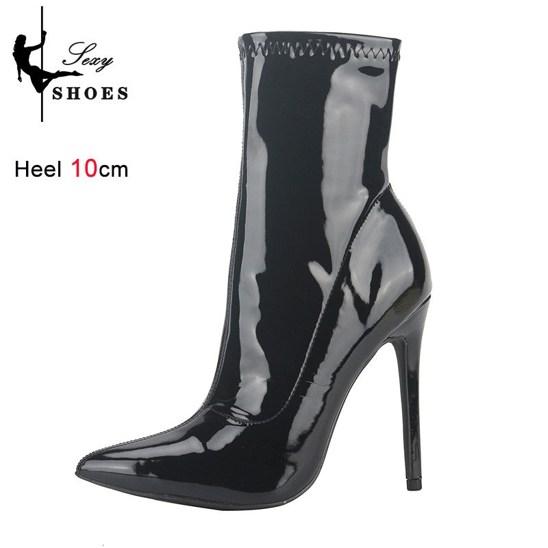 10CM 12cm Black Patent Leather Pointed Toe Women Middle Boots Stiletto High Heel-ed Zipped Mid-calf Boots Bright Polished Shoes