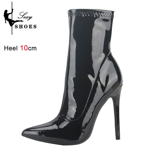 10CM 12cm Black Patent Leather Pointed Toe Women Middle Boots Stiletto High Heel-ed Zipped Mid-calf Boots Bright Polished Shoes