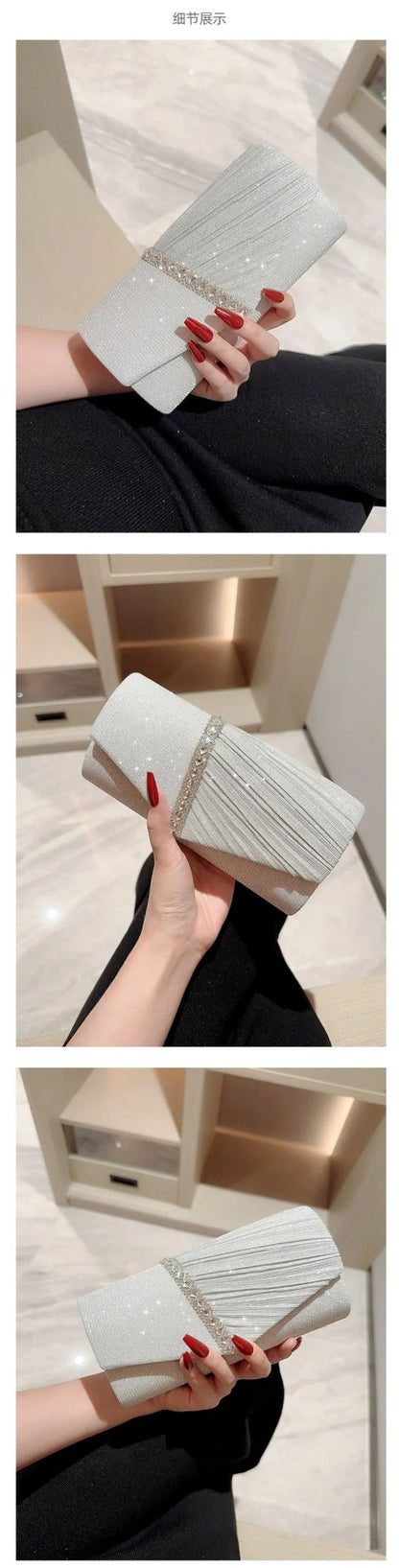 Glitter Ladies Silver Clutch Bag Envelope Evening Bag Fashion Elegant Long Purse Women Chain Shoulder Bags Wedding Party Handbag