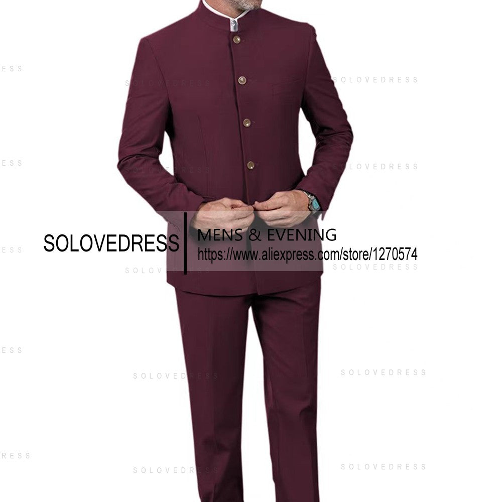 Classic 2 Piece Men's Slim Fit Solid Color Stand Collar Wedding Suit (Blazer+Pants?