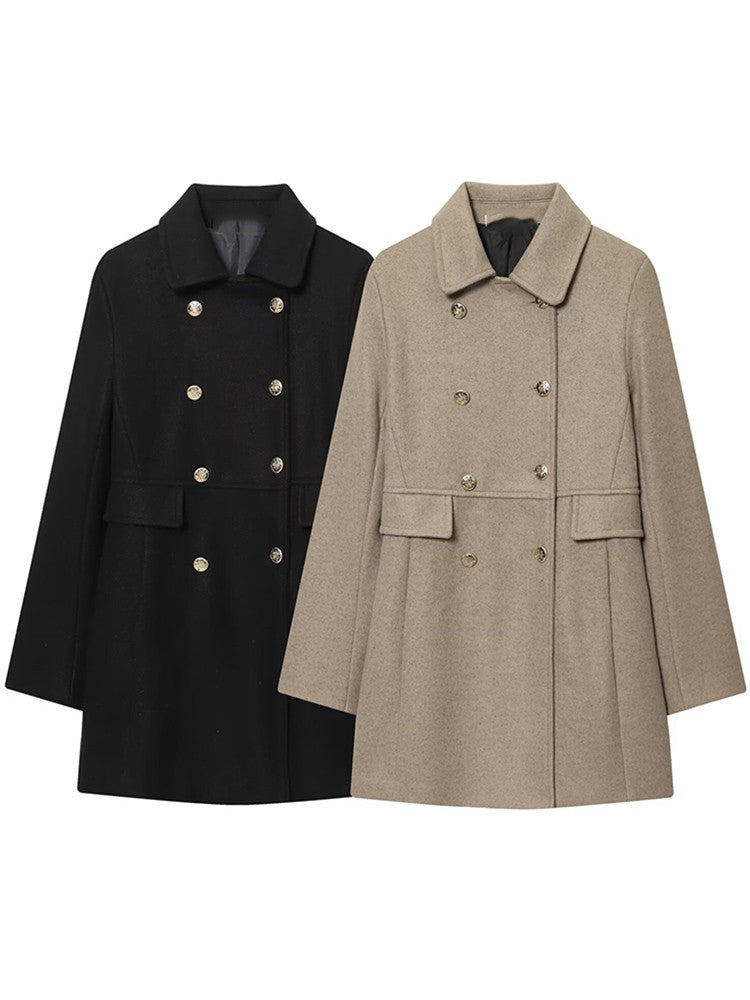 TFMLN 2025 Autumn Winter Women New Lapel Woolen Jacket Fashion Slim Fit Long Sleeved Double Breasted Ladies Casual Overcoat