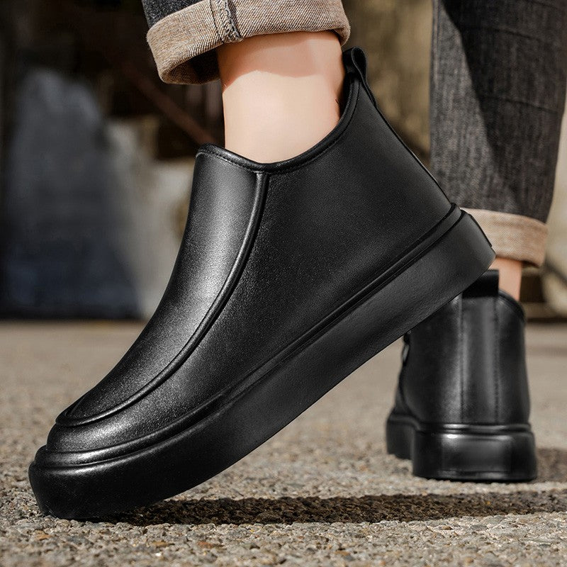 2025 Autumn New Leather Short Boots, Mid-calf Zipper Casual Outdoor Shoes, Anti-slip and Wear-resistant Men's Work Boots