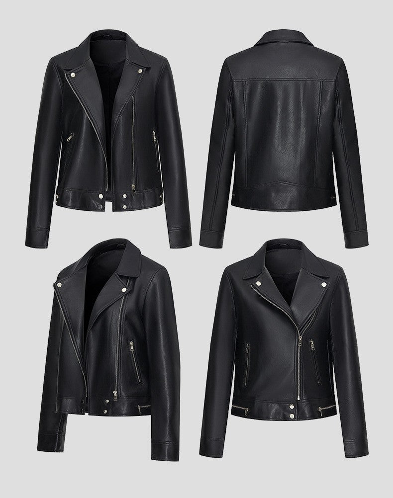 New Fall Women's Black Long-Sleeve Leather Jacket, Short-Length Collared PU Coat, Stylish Slim-Fit Biker Top.