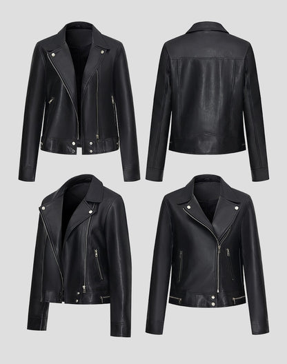 New Fall Women's Black Long-Sleeve Leather Jacket, Short-Length Collared PU Coat, Stylish Slim-Fit Biker Top.