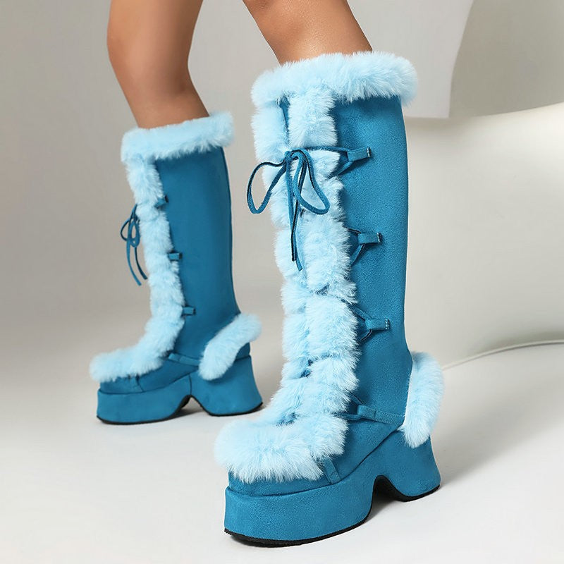 8CM Chunk Heels Winter Warm Knee High Boots Women Snow Short Plush Platform Boots Faux Fur Cosplay Lace-up Long Shoes Size 34-43