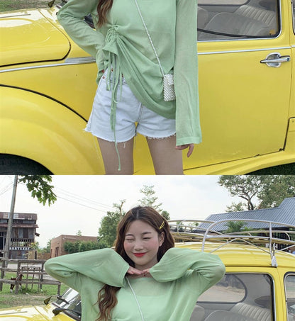 Women's 2025 Women's Summer New Beach Long sleeved Sunscreen Jacket Loose Hoodie Drawstring Upward Shirt