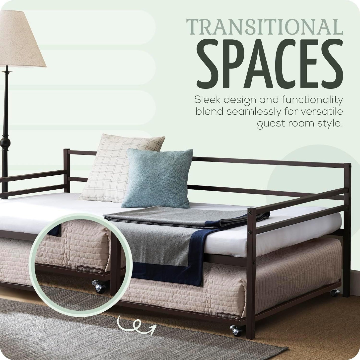 2K Furniture Designs - Twin Size Black Metal Roll Out Trundle Bed Frame for Daybed