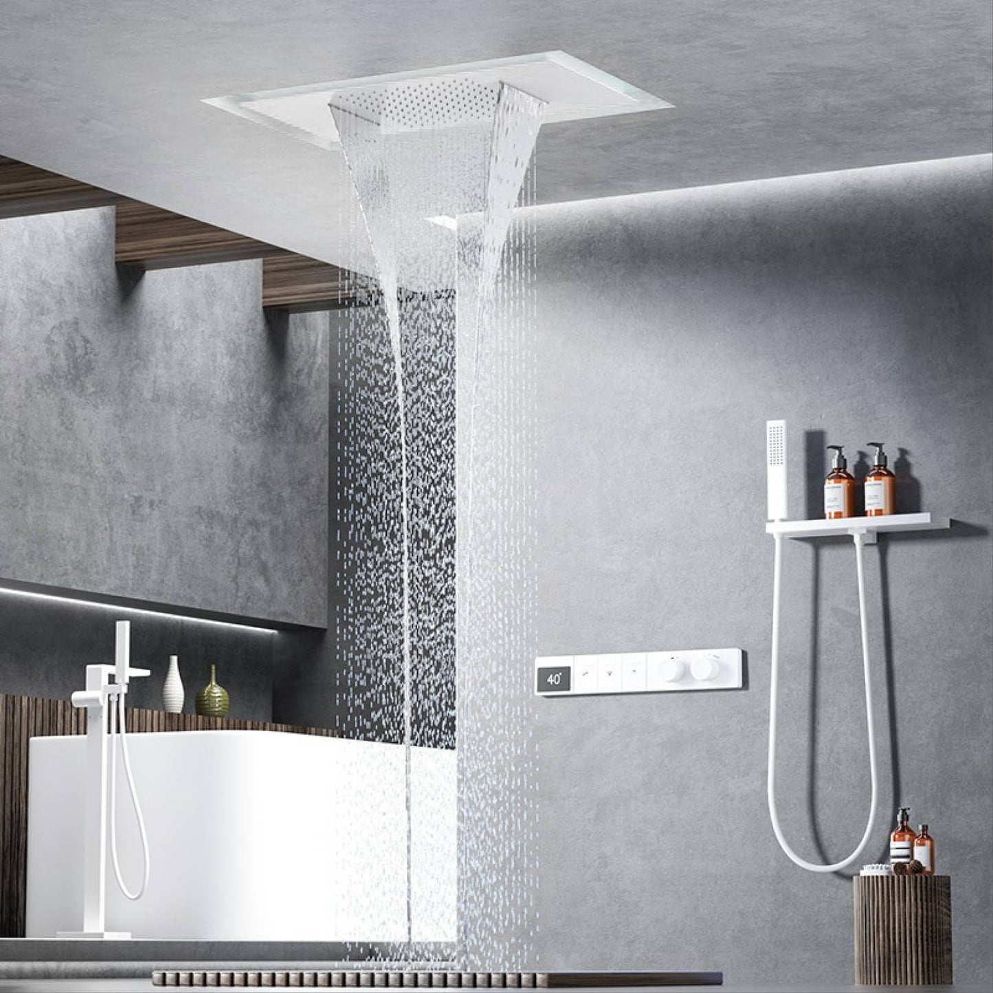 Sistema de chuveiro de teto luxuoso em latão cinza escuro com temperatura constante e display digital LED de água quente e fria, torneira de banheiro embutida