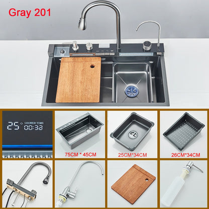 Multifunctional Kitchen Waterfall Sink Digital Display Large Single Gray Sink Dish Basin Sink 304 Stainless Steel