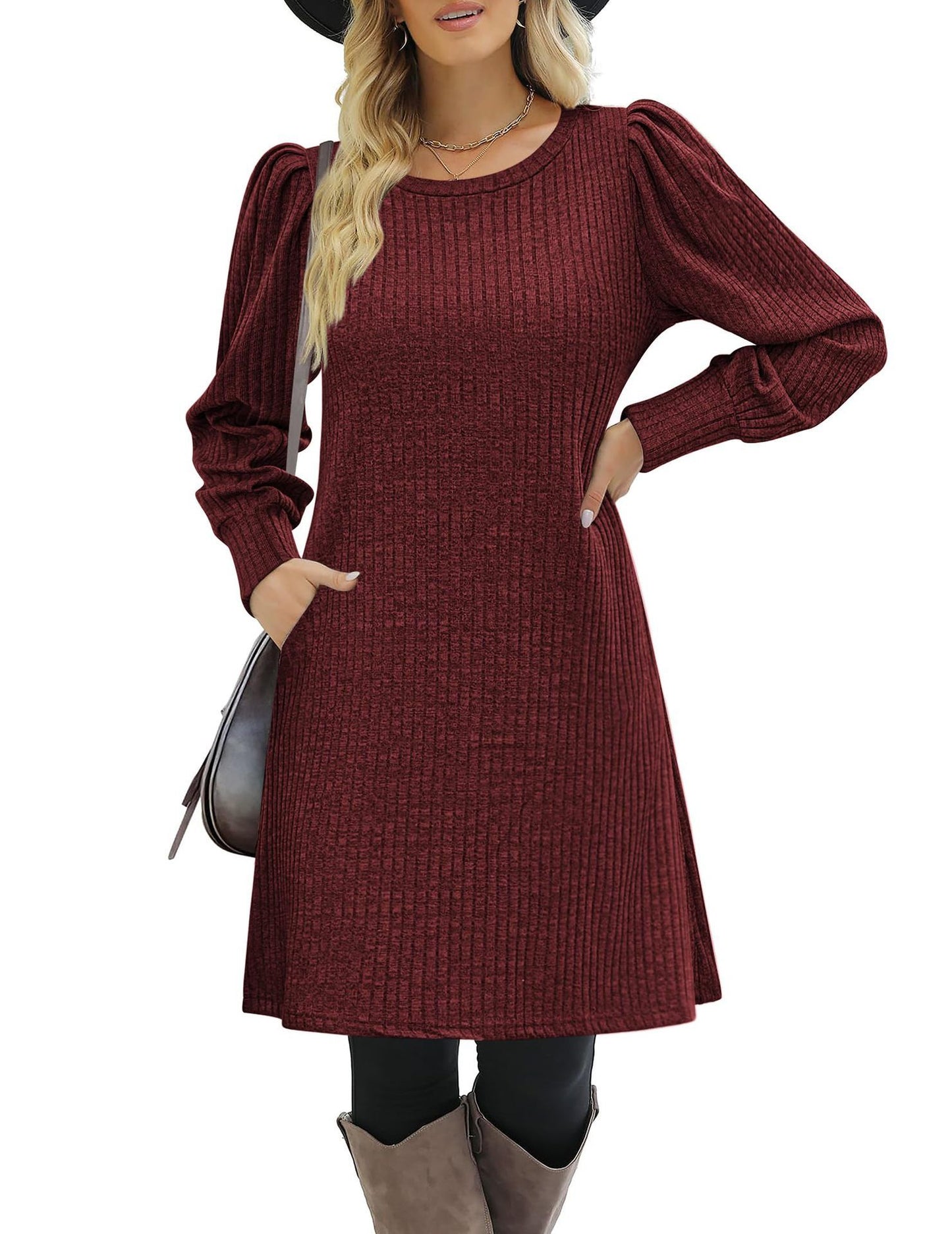 Y2K autumn and winter women's crew neck solid color sweater bubble sleeve fashion commuter dress comfortable casual loose dress