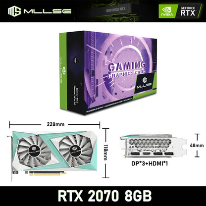 Placa de Vídeo Mllse RTX 2070 8GB GDDR6 256Bit PCIE PCI-E3.0 16X 1470MHz 2304 unidades DP*3 rtx 2070 8G para Jogos