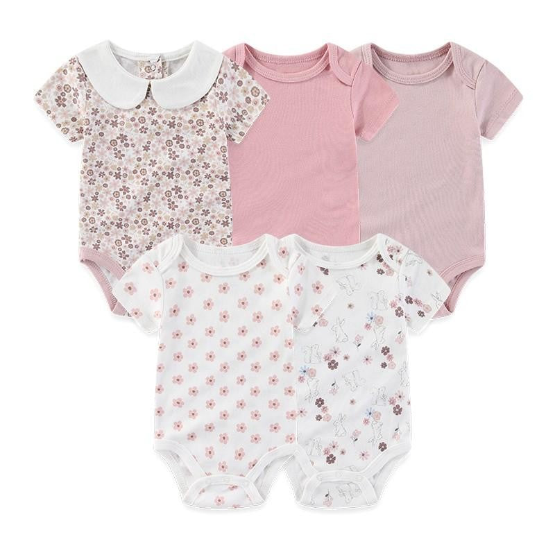 Unisex Bodysuits 4/5PCS Cotton Newborn Baby Girl Clothes Set Short Sleeve Print Baby Boy Clothes Summer Solid Color Bebes