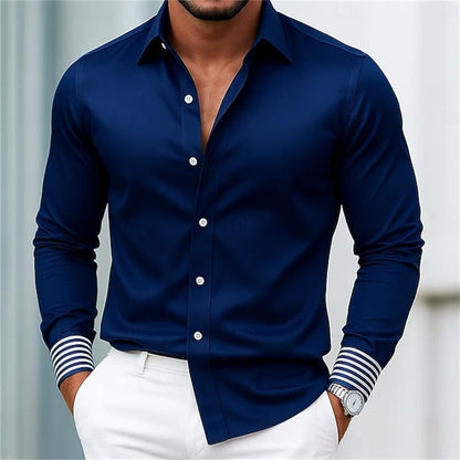 Fashionable men's long sleeved shirt with slim fit collar button solid color casual party plus size men's shirt