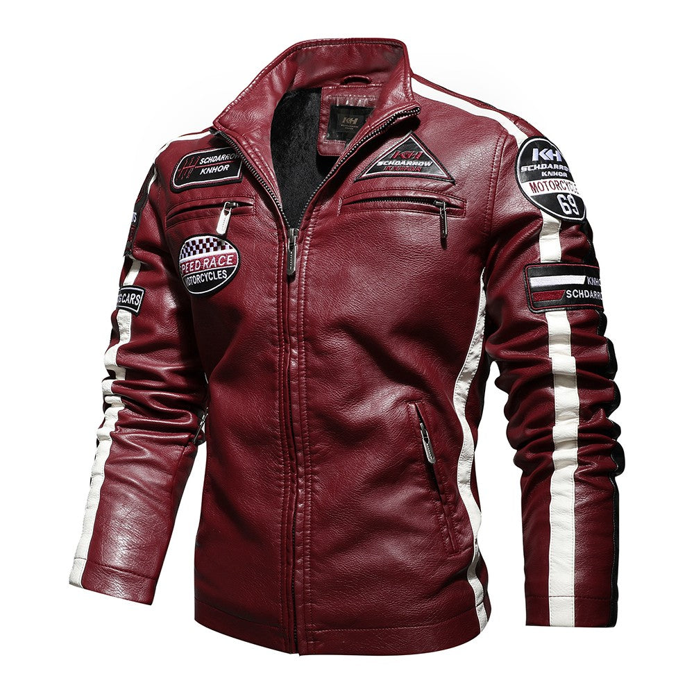 Vintage Motorcycle Jacket Men Fashion New Biker Leather Jacket Male Embroidery Bomber Coat Winter Fleece Pu Overcoat