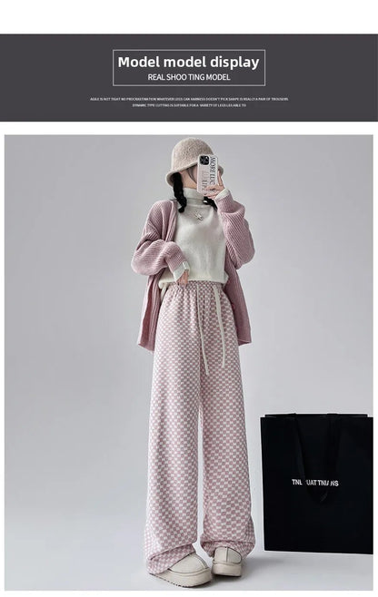 High Waist Wide Leg Pants Women's Autumn Winter New Style Lazy Casual Fleece Woolen Plaid Trousers Fashionable Comfortable