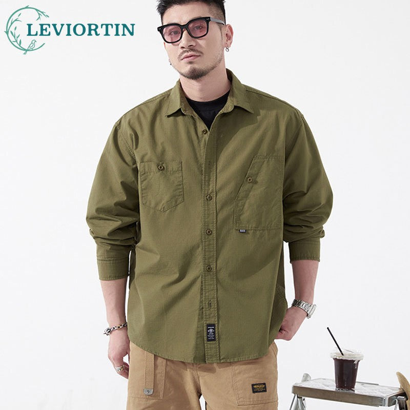 Men's Cargo Shirt Long Sleeve Premium Cotton Solid Color Japanese Streetwear Simple Handsome Chest Pocket Outdoor Work Shirst