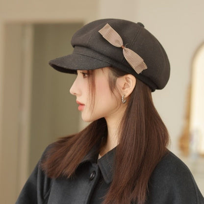 Retro Wool Bow Beret Solid Color Warm Painter Hat Versatile Y2k Newsboy Hat Female