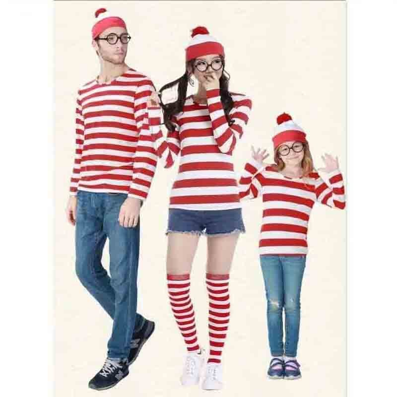 Wheres Waldo Striped Shirt Youth Boys Wally Costume Shirt Glasses and Hat Socks Unisex Adults Carnival Cosplay Costume