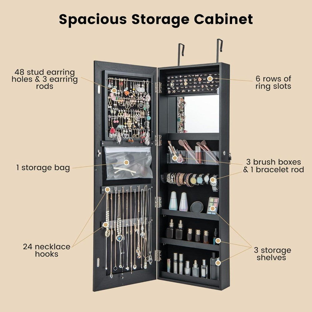 LED Mirror Jewelry Cabinet, 47.2'' Jewelry Armoire with Adjustable Lighted Full Length Mirror, Wall Mounted or Door Hanging, Lo