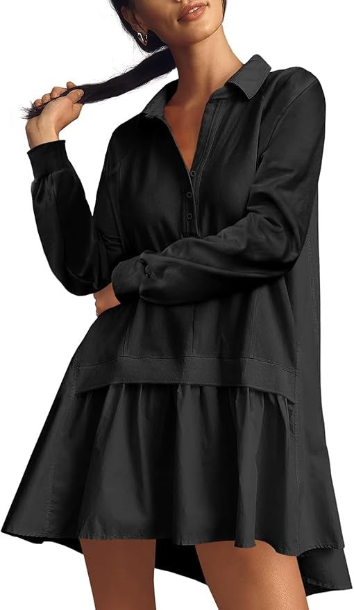 Fisoew Womens Grunge Aesthetic Dress Long Sleeve V Neck Oversized Pullover Loose Fit Mini Tennis Dress Y2K Style