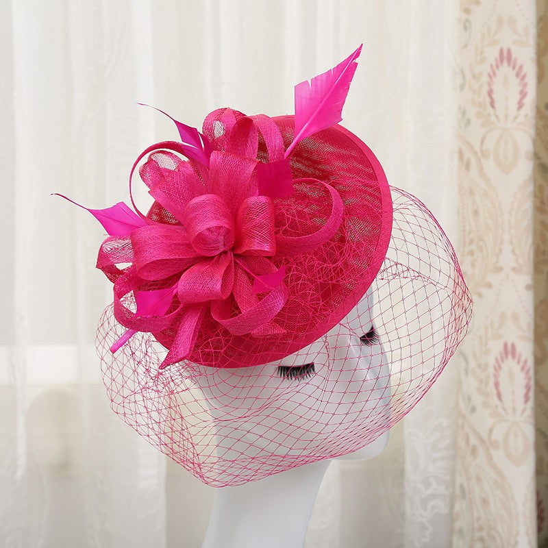 Chapéu de sol de aba grande com design de padrão de fio de cânhamo duplo, acessórios de pena, elegante chapéu de banquete, chapéu de praia para casamento ou férias, chapéu equestre