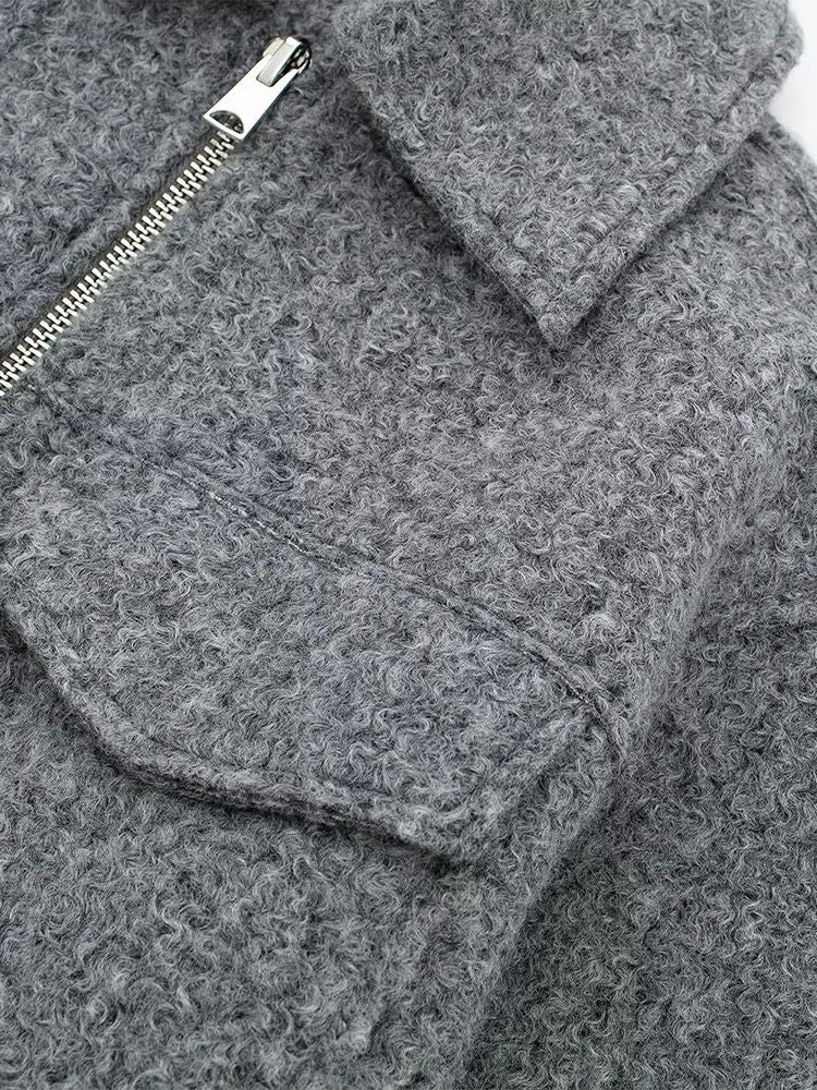 Willshela Women Fashion With Pockets Grey Front Zipper Jackets Vintage Lapel Neck Long Sleeves Female Chic Lady Outfits