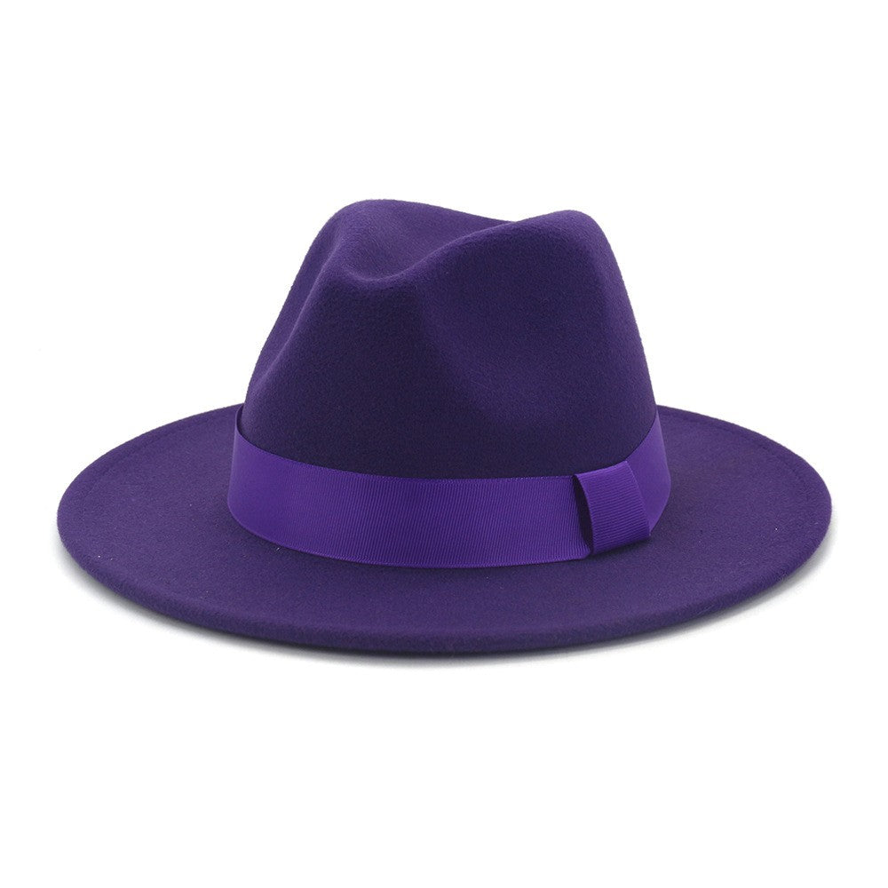 HOAREE Purple Wool Felt Jazz Fedora Hats Men Women Wide Brim Sombrero British Style Trilby Formal Panama Cap Solid Dress Hat