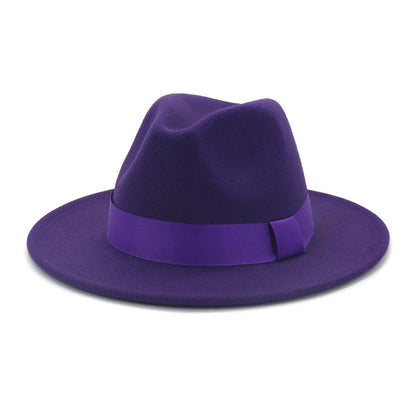 HOAREE Purple Wool Felt Jazz Fedora Hats Men Women Wide Brim Sombrero British Style Trilby Formal Panama Cap Solid Dress Hat