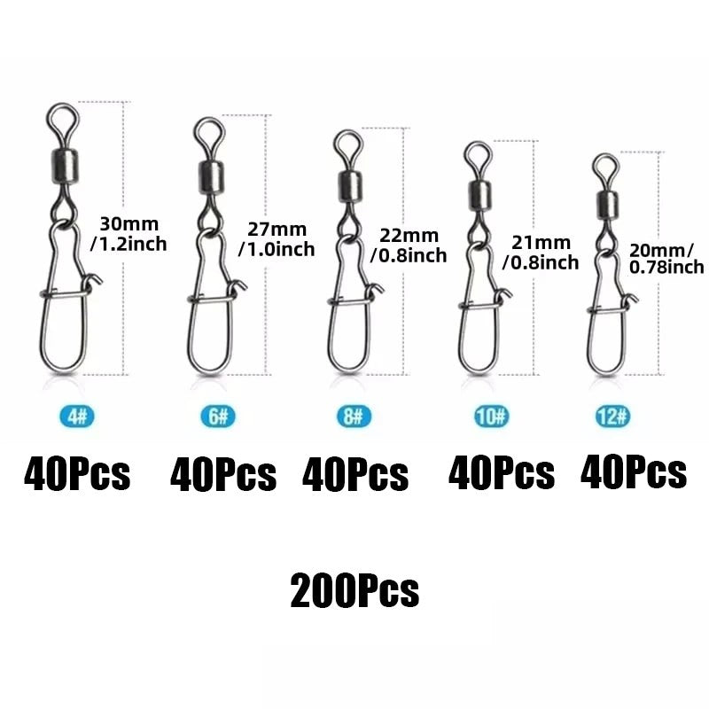 Giradores de Pesca de Aço Inoxidável com Mosquetão 4#-12# Rolamento Conector Duo-Lock Kit Pesca Água Salgada Doce Isca Equipamento 50-200 Peças