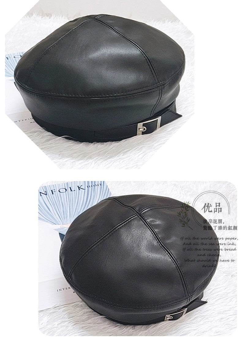 Fashion Girl Leather Beret Beanie Hat Cap Women Plain Beret Hats Solid Color Elegant Lady Artist Caps Belt Beanies