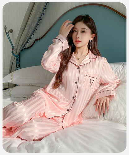 Women's Ice Silk Pajama Set Long Sleeve Long Pants Lightweight Sleepwear for Spring And Autumn Comfortable Homewear Pj Set