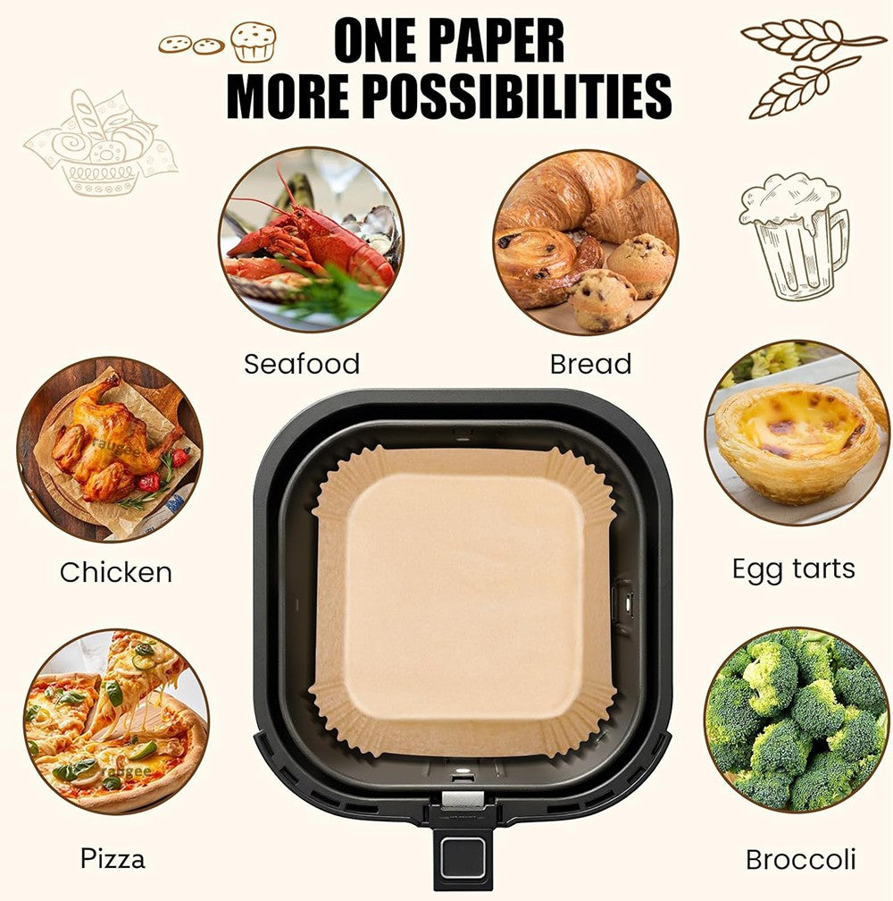 100pcs Air Fryer Paper Liners Disposable Non-Stick Parchment Paper Waterproof Oil-Proof Square Round Liners for Baking Roasting
