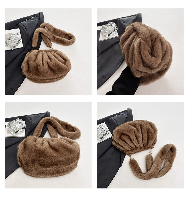 Elegant Wrinkled Cloud Clutch Bag Faux Fur Shell Shoulder Crossbody Bag Women Stylish Pillow Bag Guangzhou High Quality Bag