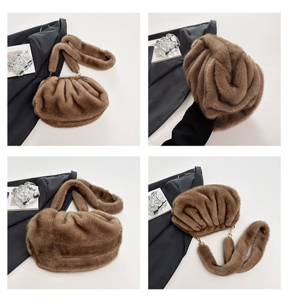 Elegant Wrinkled Cloud Clutch Bag Faux Fur Shell Shoulder Crossbody Bag Women Stylish Pillow Bag Guangzhou High Quality Bag