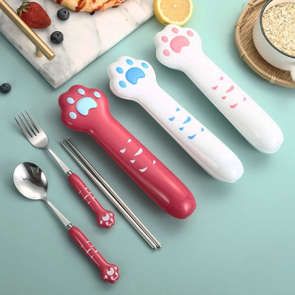 Conjunto de Talheres de Pata de Gato Fofo Garfo e Colher de Aço Inoxidável com Caixa de Armazenamento Louça Talheres Talheres Portáteis para Almoço