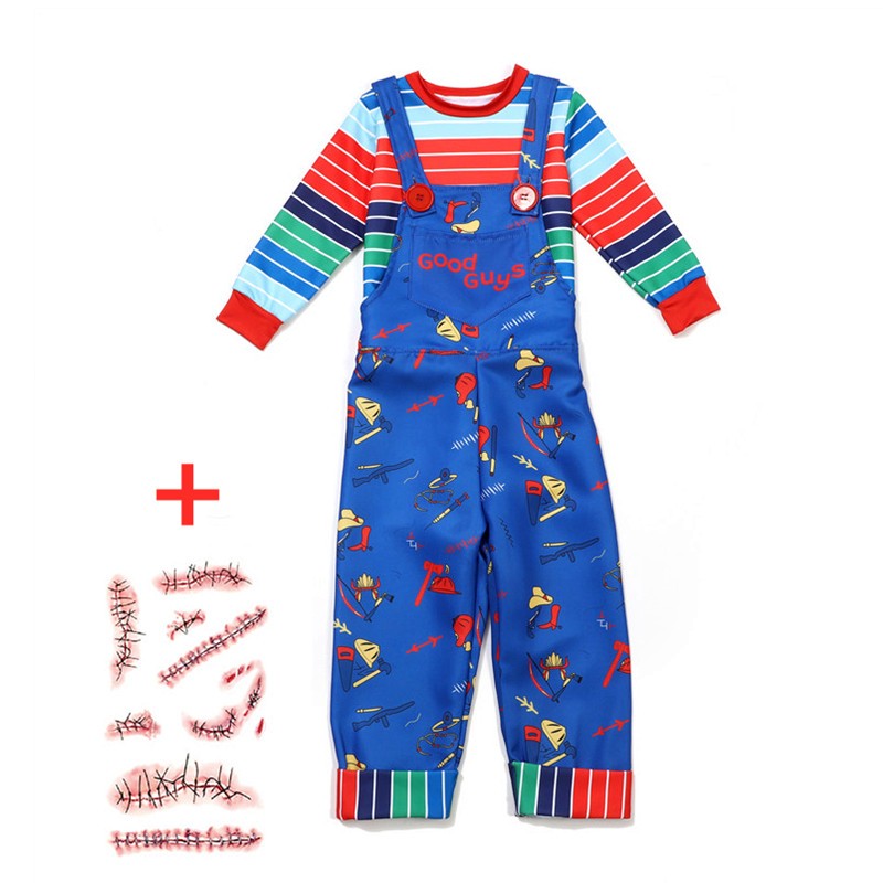 Unisex Chucky Scary Halloween Role Play Costume with Printed Alphabet Bib Pants Gift Scar Sticker Gift Holiday Party Dress Up